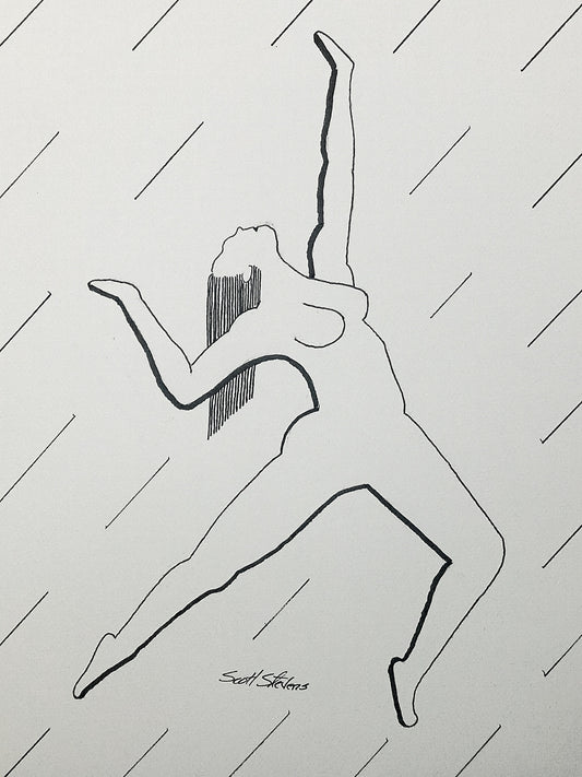 Print of the original pen and ink drawing of a nude woman dancing:
"She moves from silence into presence,
a single stride unfolding like light.
Her lifted arms gather the unseen,
her chest opens to what waits ahead -
the moment she becomes the motion she began."