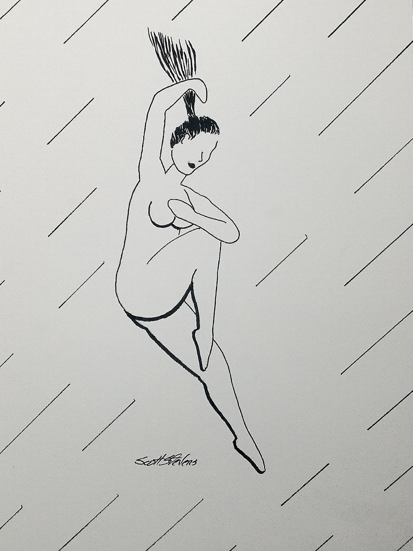 Original pen and ink drawing of a woman dancing, balanced in air, she captures the stillness that lives inside movement.