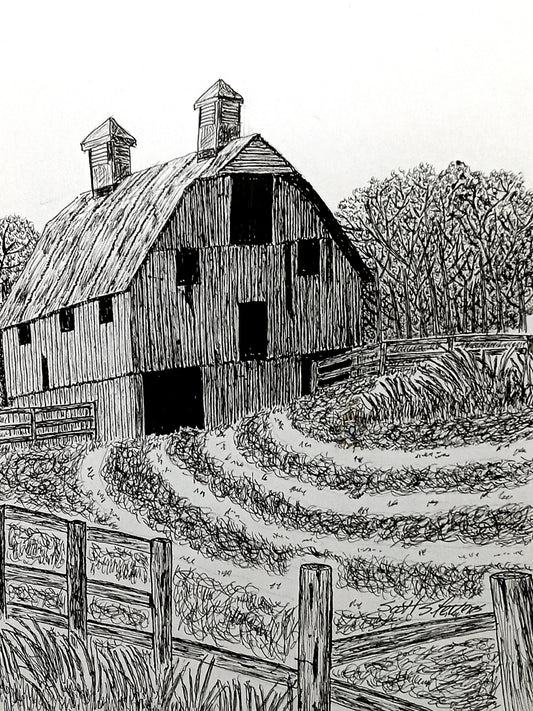 Original pen and ink drawing of an old barn with a fence in the foreground.