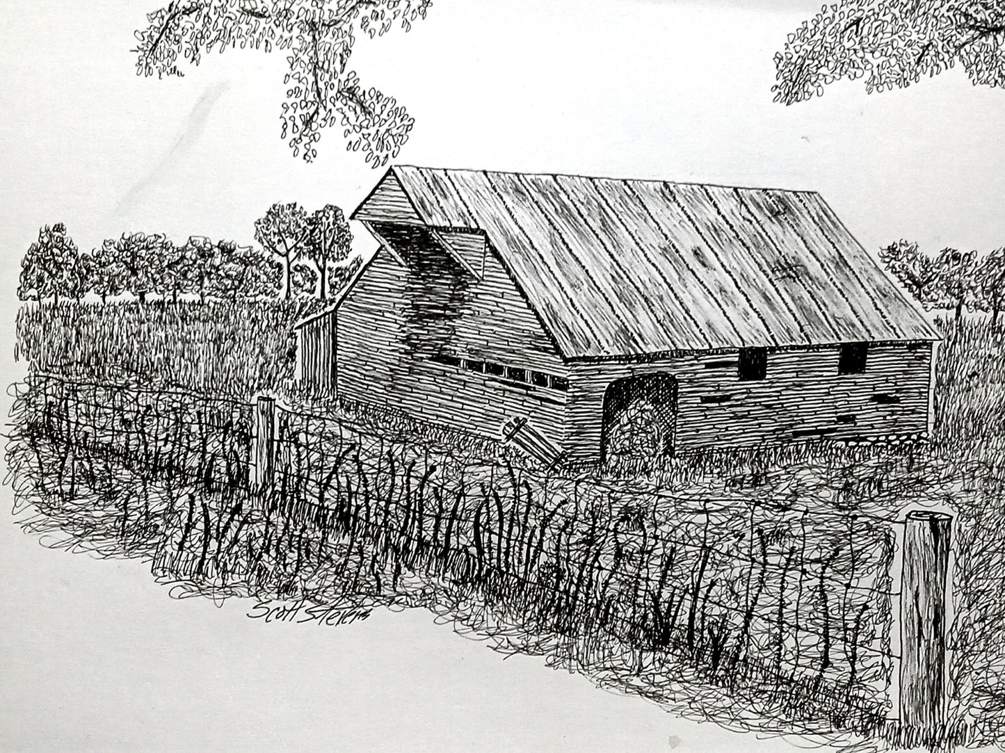 A pen and ink drawing of an old barn in a field with trees in the background and a fence in the foreground.