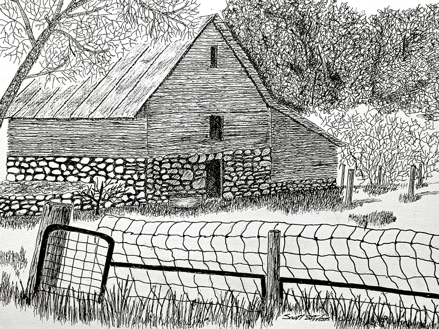 Black and white illustration of a rustic building with stone foundation and wooden roof, surrounded by trees and a fence.