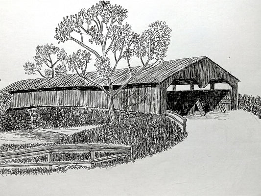 Black and white illustration of a covered bridge with trees and a path.
