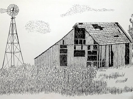 Pen and ink drawing of a old barn and windmill set in a cornfield.