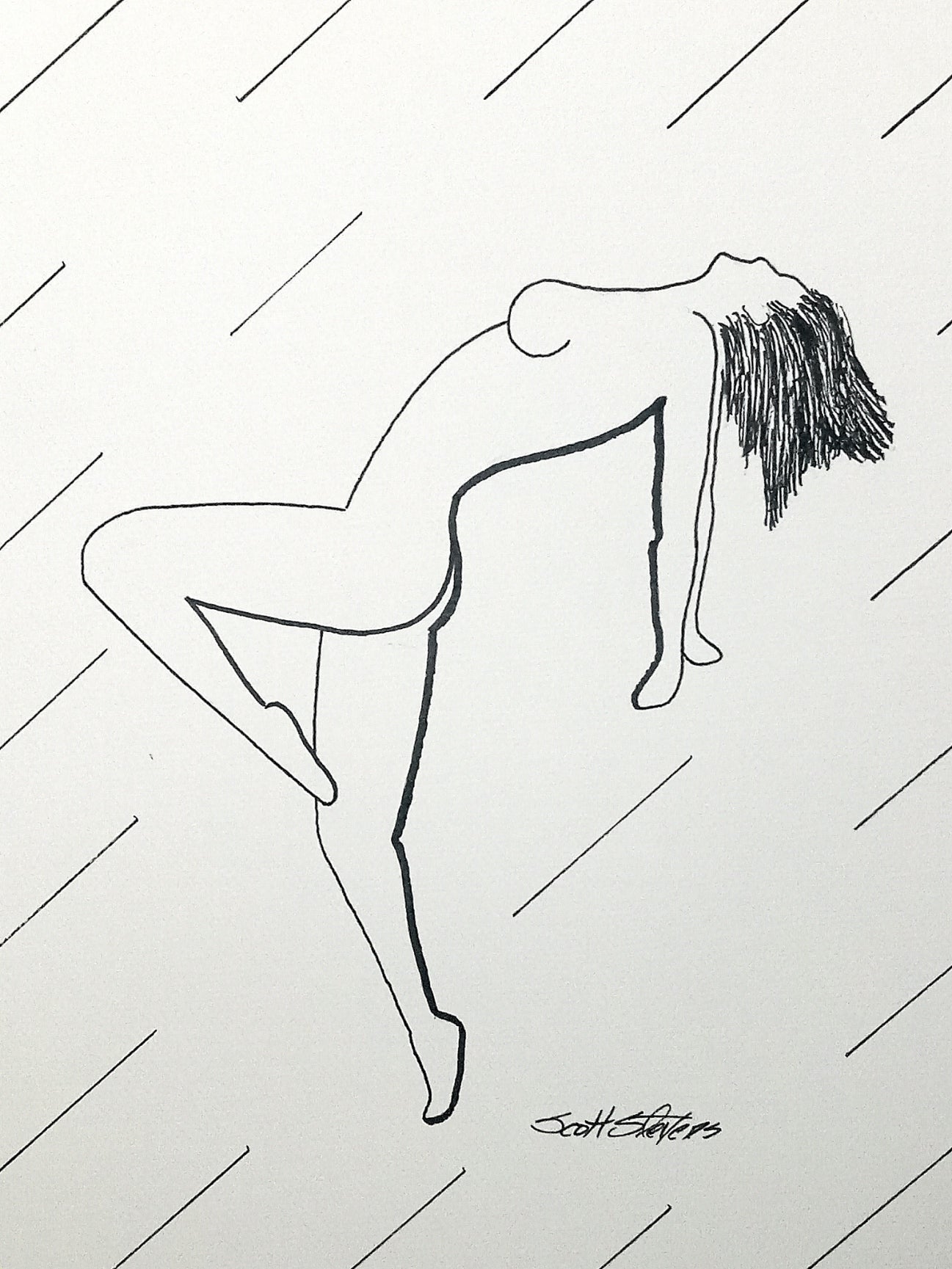 Print of the original drawing of a nude woman dancing,
"She folds backward into silence,
arms falling like quiet streams of light.
The arc of her body hums with balance -
a tender defiance, a breath held between earth and sky."
