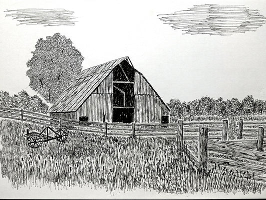 Black and white illustration of a barn with an old plow in a field