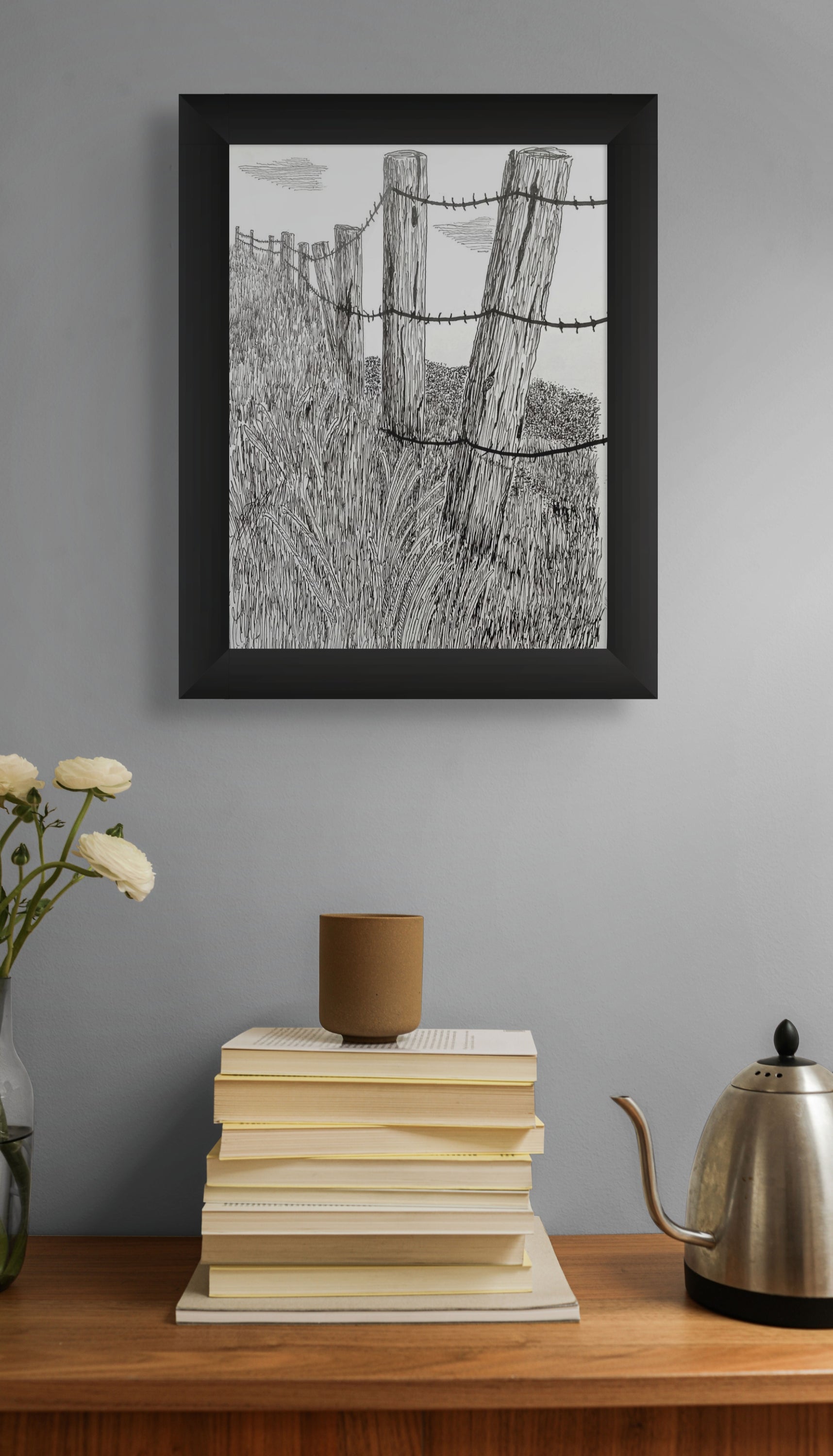 Framed print of the drawing 'Fenceline'