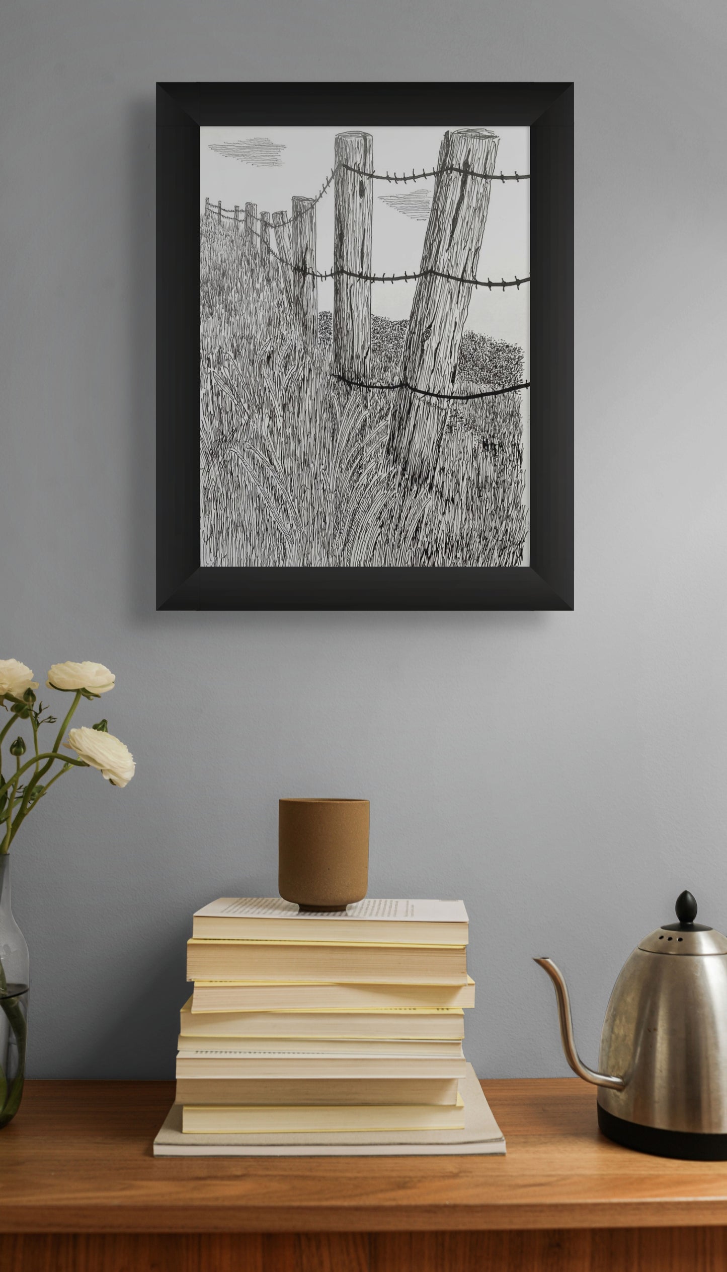 Framed version of the 11x4 drawing of 'Fenceline'