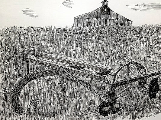 A pen and ink drawing of an antique farming tool in a field with an old barn in the background.