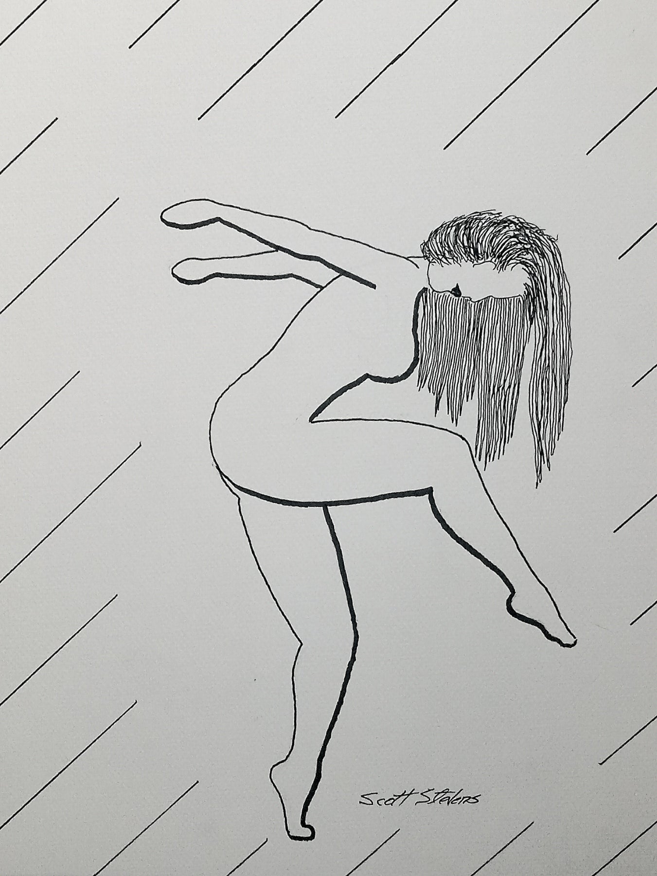 Print of the original drawing of a nude woman dancing;
"She curves into motion, breath folding over silence.
Arms stretched behind her, she lets the moment pull her forward.
No resistance, only the ache of grace - 
a quiet surrender carried by balance."