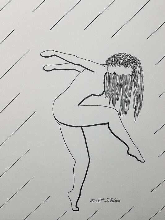 Print of the original drawing of a nude woman dancing;
"She curves into motion, breath folding over silence.
Arms stretched behind her, she lets the moment pull her forward.
No resistance, only the ache of grace - 
a quiet surrender carried by balance."