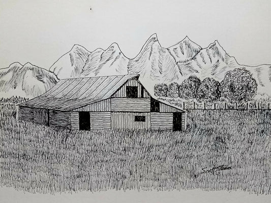Black and white illustration of a barn with mountains in the background