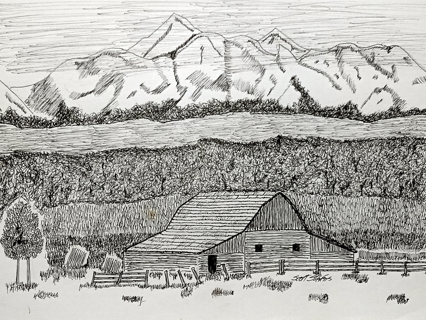 Black and white illustration of a barn with mountains in the background