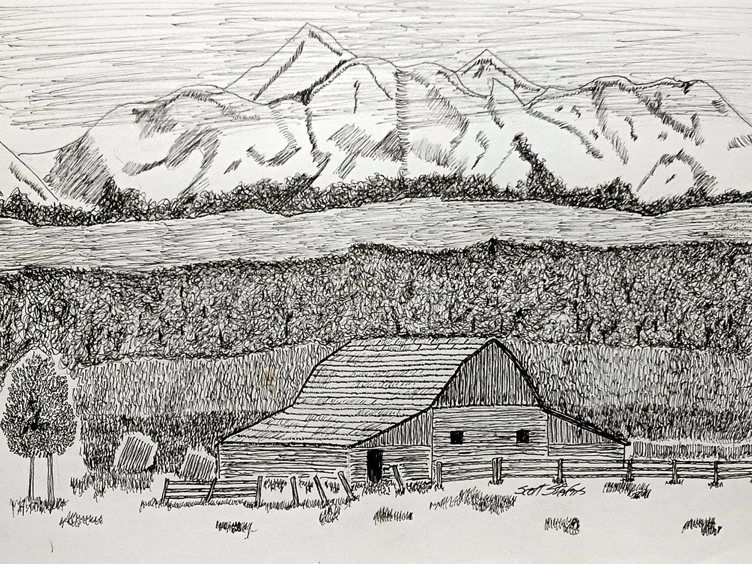 Black and white illustration of a barn with mountains in the background