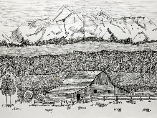 Black and white illustration of a barn with mountains in the background