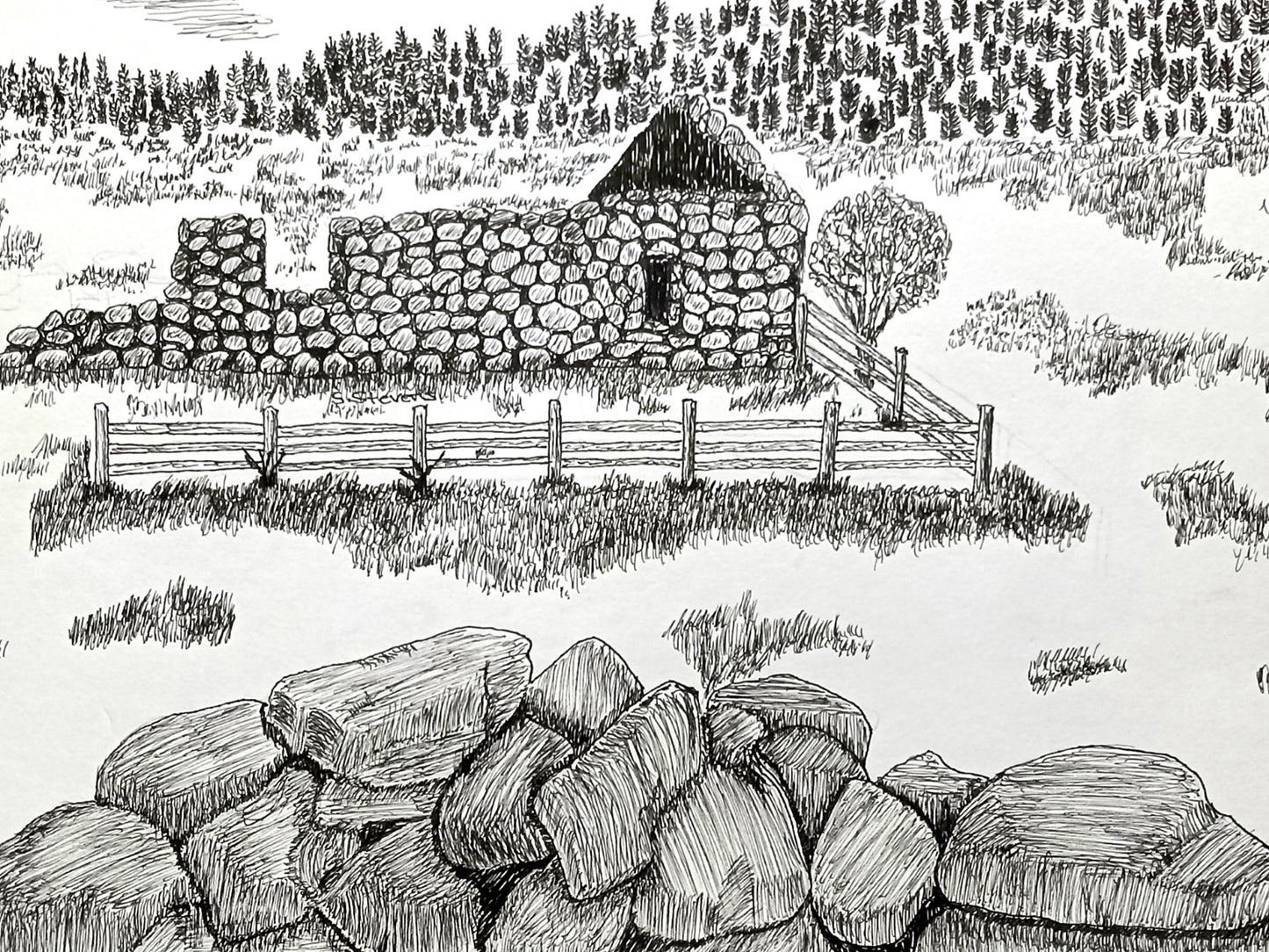 A pen and ink drawing of an abandoned stone structure with a fence in the foreground and trees in the background.