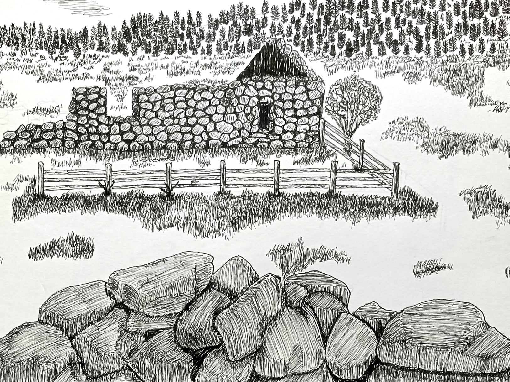 A pen and ink drawing of an abandoned stone structure with a fence in the foreground and trees in the background.