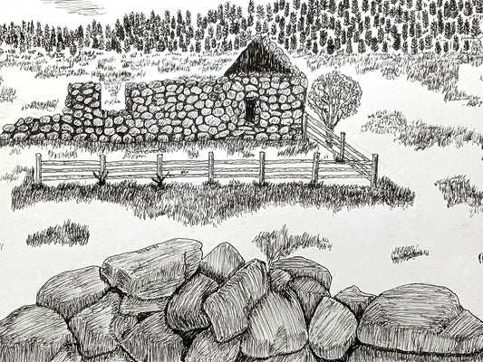 A pen and ink drawing of an abandoned stone structure with a fence in the foreground and trees in the background.