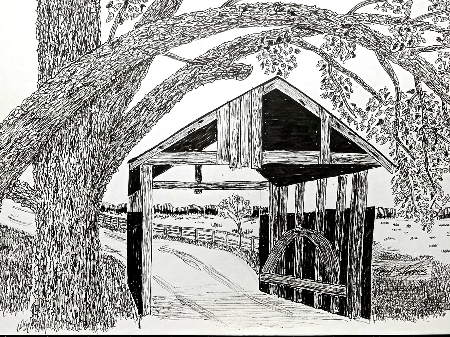 Black and white illustration of a covered bridge with trees and fields in the background