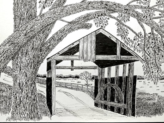 Black and white illustration of a covered bridge with trees and fields in the background