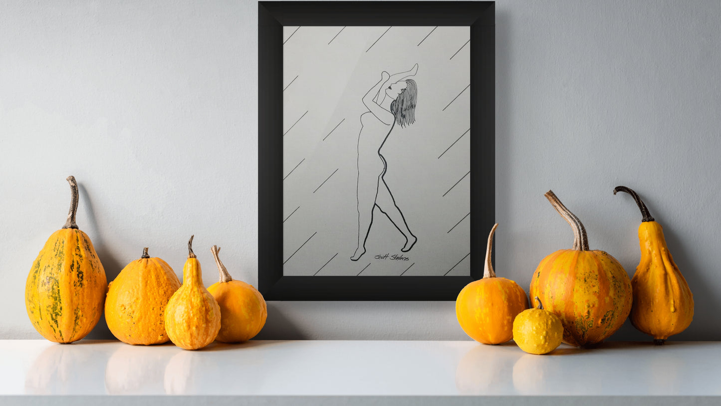 Framed original drawing of a nude dancer, suspended in tension and grace, she draws upward as if guided by unseen forces.