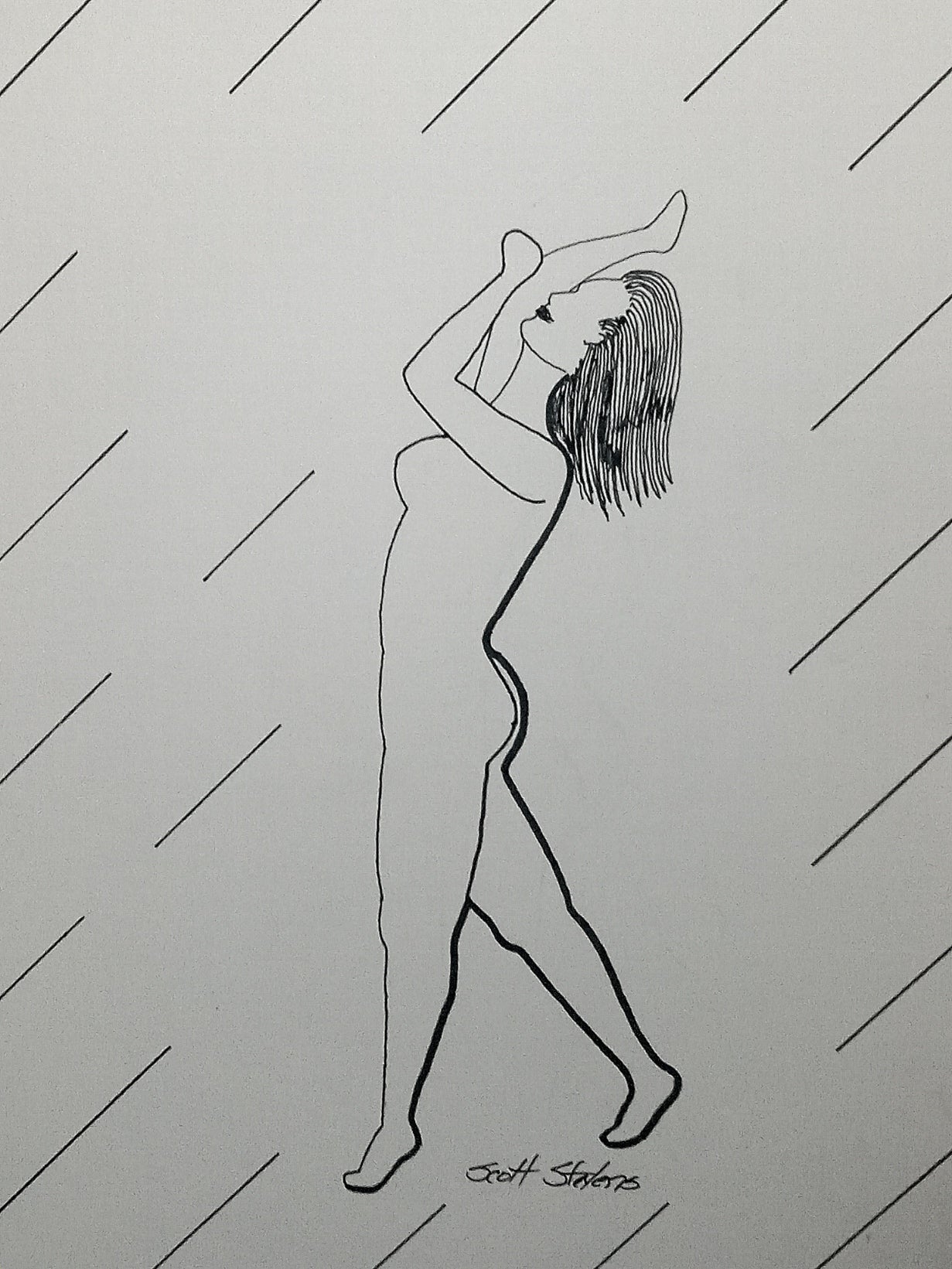 Print of the original drawing of aa nude dancer:
"She holds the air like a thread between worlds,
arms reaching through invisible weight.
Her body lengthens into light,
not pulled, but willing -
the quiet courage of rising.