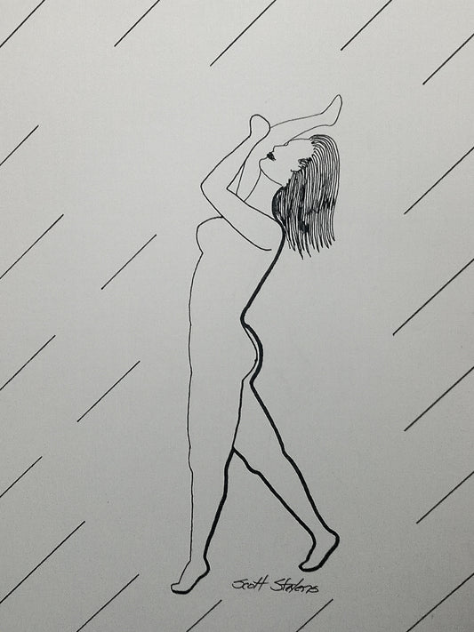Original drawing of a nude dancer: 
"She holds the air like a thread between worlds,
arms reaching through invisible weight.
Her body lengthens into light,
not pulled, but willing -
the quiet courage of rising."