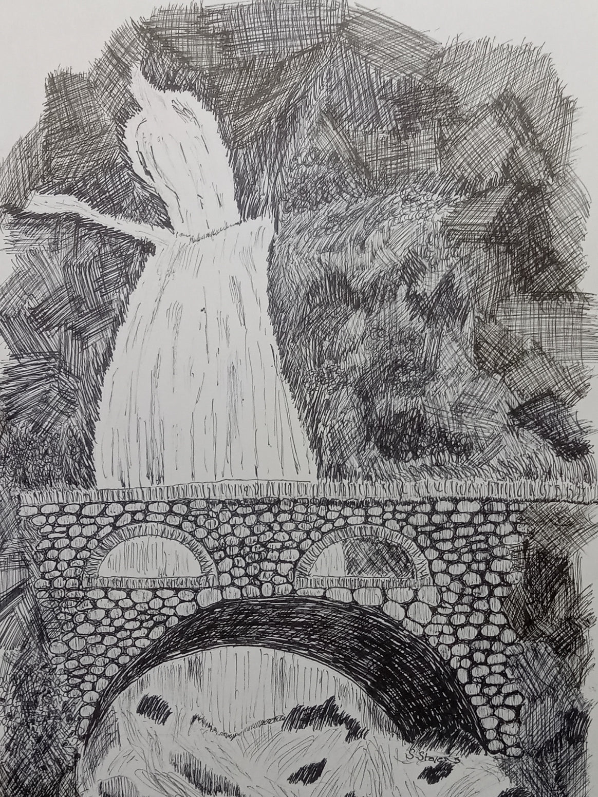 Print of a pen and ink drawing of an old stone bridge over a waterfall.