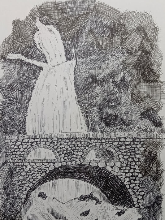 pen and ink drawing of an old stone bridge with a waterfall behind it.