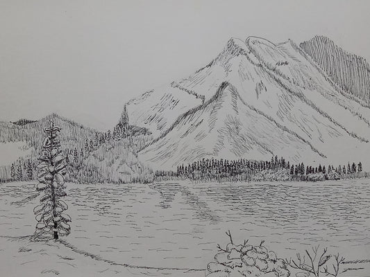 original  pen and ink drawing of a large lake with a majestic mountain range in background. 