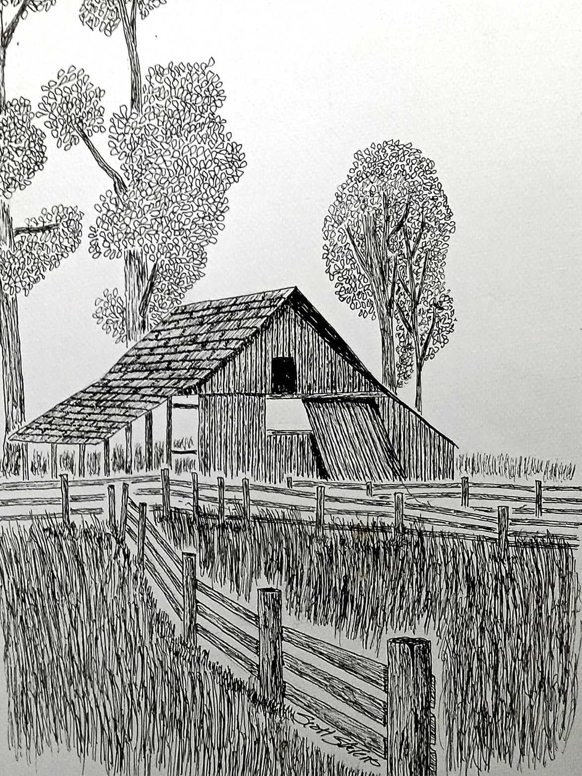 Original pen and ink drawing of an old barn with surrounding trees and a fence, on a 9x12 watercolor paper.