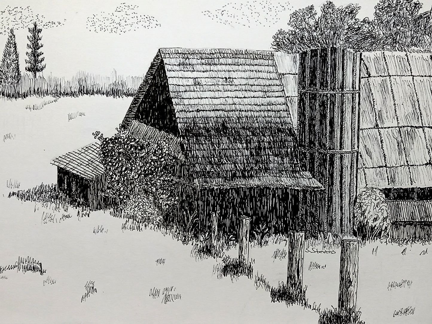 Handcrafted pen and ink drawing of an old barn and silo with trees in the background and a fence line in the foreground.