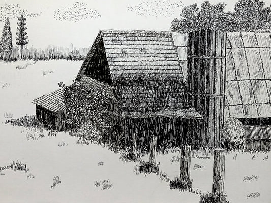 Handcrafted pen and ink drawing of an old barn and silo with trees in the background and a fence line in the foreground.