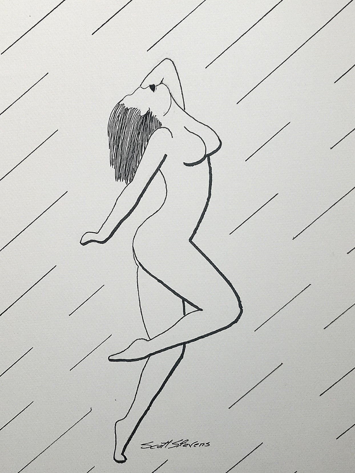 Pen and ink print of a nude woman in dance;
"She leans into the sky,
arms tracing the air's invisible current.
Her body arcs between earth and ether,
a breath unfolding into light.
In the stillness of her reach, the horizon opens."