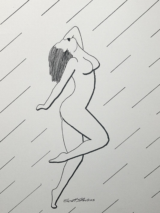 Pen and ink print of a nude woman in dance;
"She leans into the sky,
arms tracing the air's invisible current.
Her body arcs between earth and ether,
a breath unfolding into light.
In the stillness of her reach, the horizon opens."