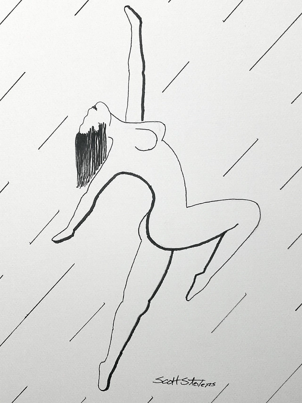 Print of the original drawing 'Rise of Motion', a nude woman dancing;
"She stretches against gravity's thread, 
a living arc between breath and ascent.
Arms divide the sky,
and in that reaching - she becomes the motion itself."