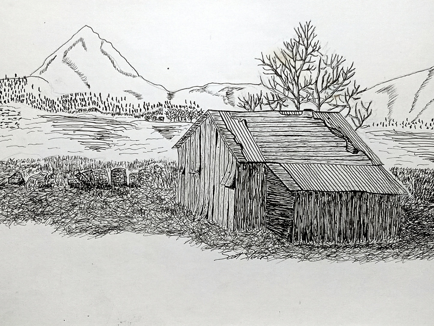 Print of a pen and ink drawing of an old cottage next to a river with mountains in background.