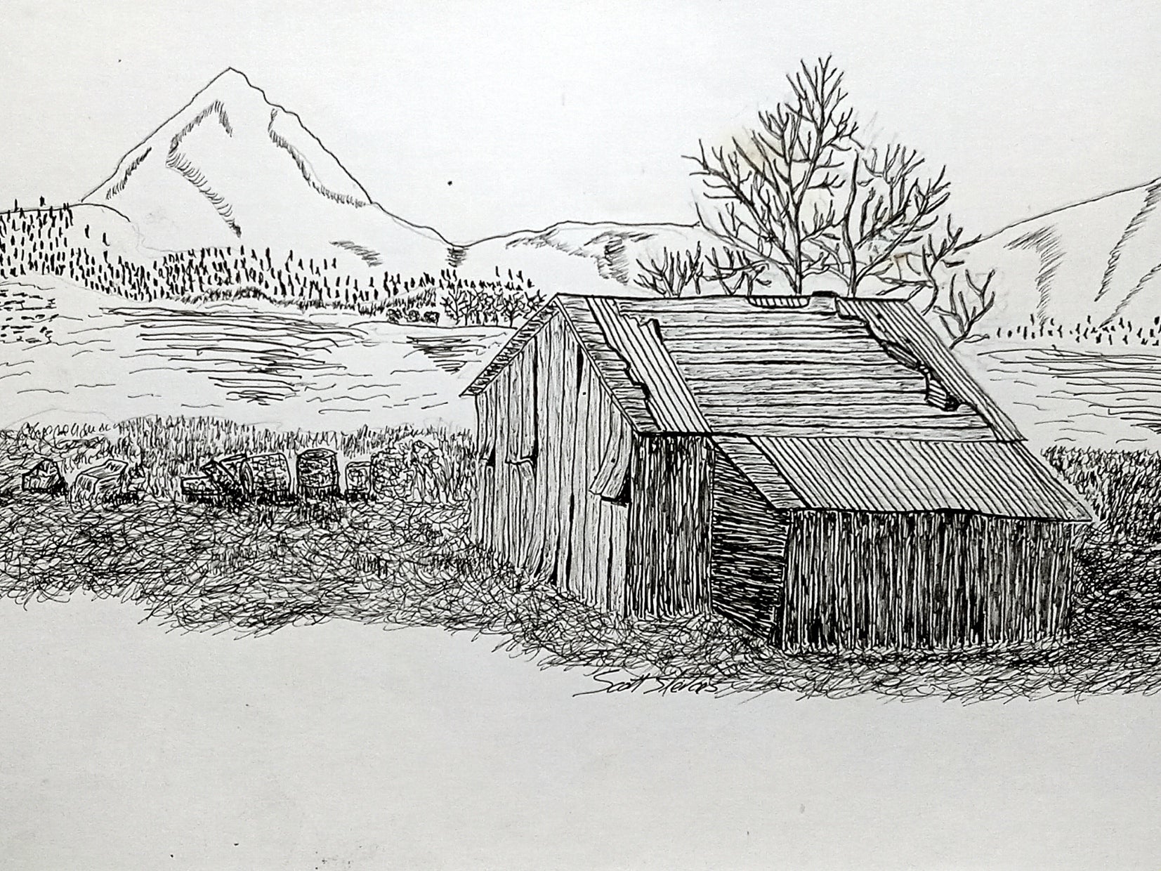 Print of a pen and ink drawing of an old cottage next to a river with mountains in background.