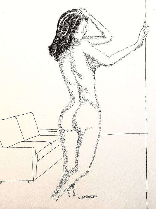 Pen and ink drawing of a nude woman, standing  with back turned, looking provocative. 