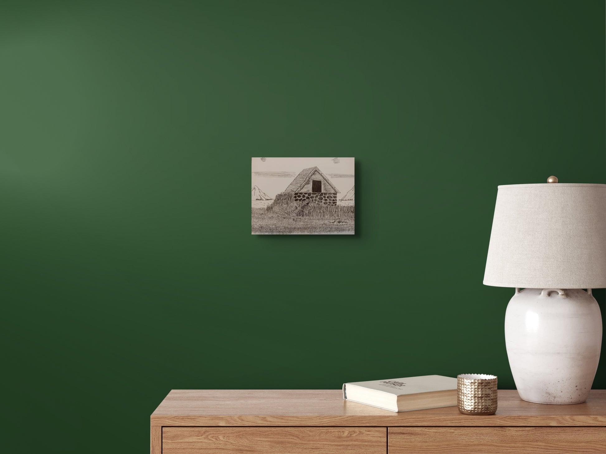 Framed pen and ink art print of a old stone barn.