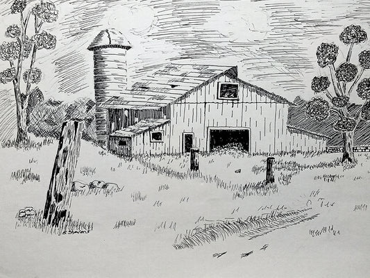 Minimalist pen and ink drawing of an old barn and trees