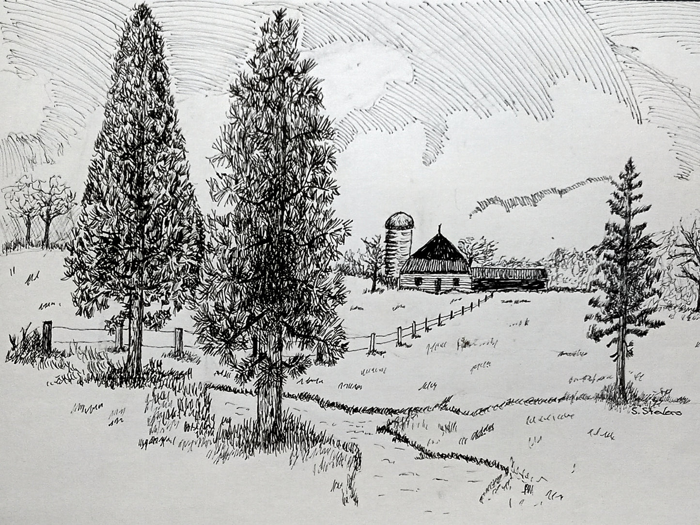 A pen and ink artwork depicting two pine trees next to a stream with a barn and silo in the background.
