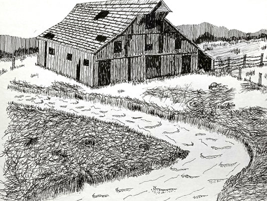 A pen and ink artwork depicting a stream with banks covered in grass and a dilapidated barn with a fence in the background.