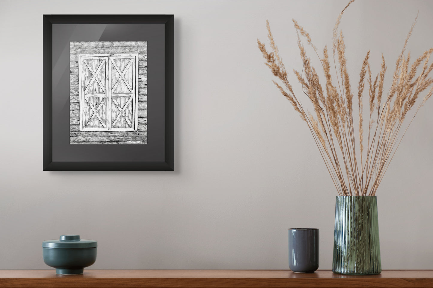 Framed print of original pen and ink drawing of barn shutters.