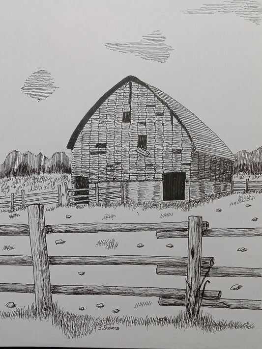 A pen and ink drawing of an old barn with a field and trees in the background, surrounded by a wooden fence.