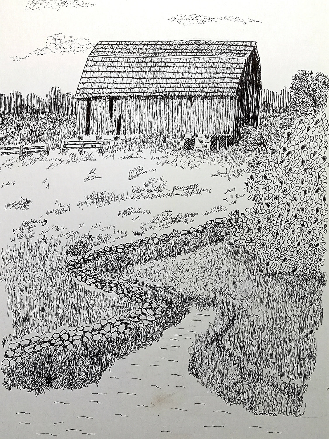A pen and ink artwork print depicting an old barn next to a stream with stones lining the banks, surrounded by trees.