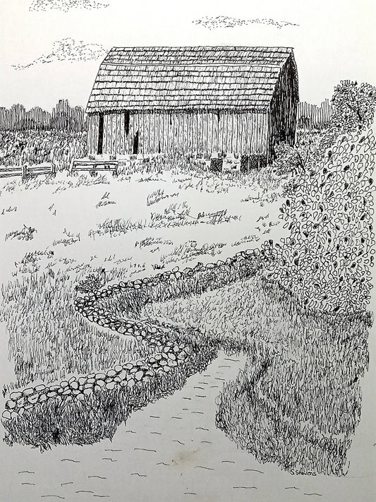 A pen and ink artwork print depicting an old barn next to a stream with stones lining the banks, surrounded by trees.