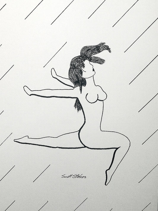 Pen and ink drawing of a nude woman dancing, an exploration of grace in motion. She embodies a moment between power and release.