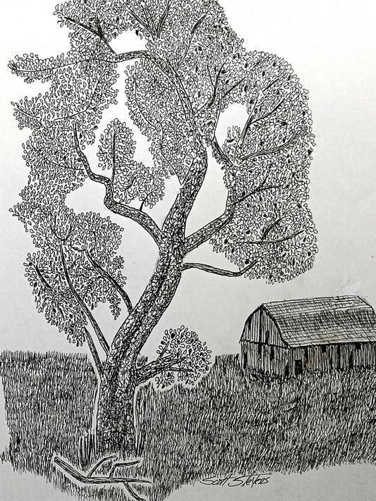 Black and white illustration of a tree and a barn in a field