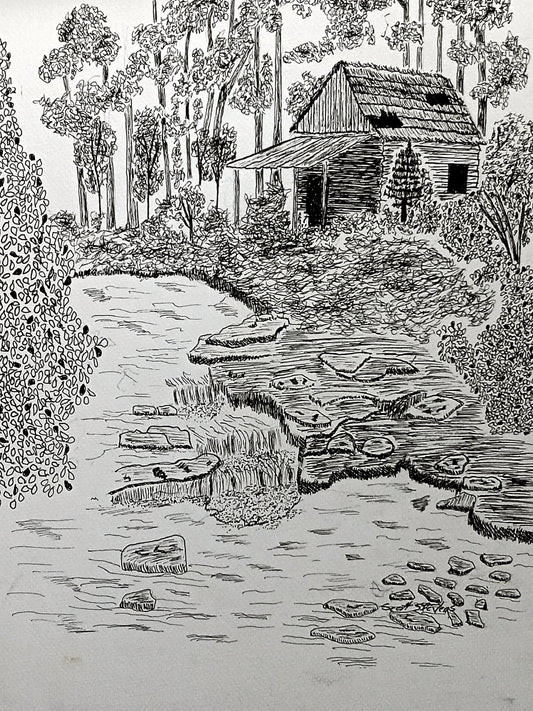 Original pen and ink drawing depicting a old barn by a stream with rocks and trees illustrated in black and white.