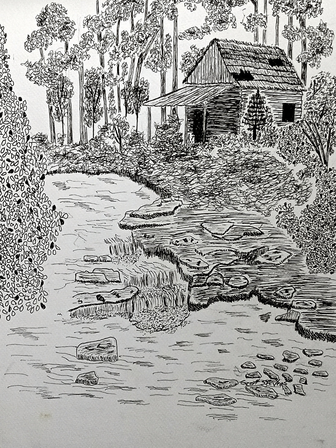 A pen and ink drawing of a small shack in the woods next to a brook with rocks and trees.